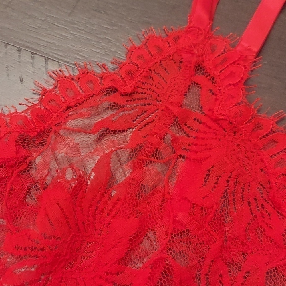 VINTAGE VICTORIA SECRET Red See-through Lace Hi Cut Romantic Bodysuit or Nighty - Picture 13 of 13